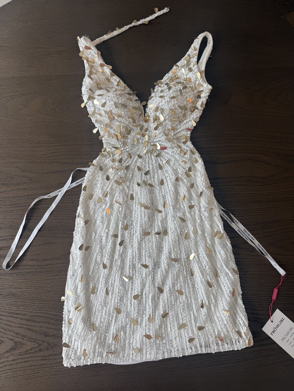 PromGirl Mini Sequin Hoco Dress Ivory / Gold PG-250304S Size 2
